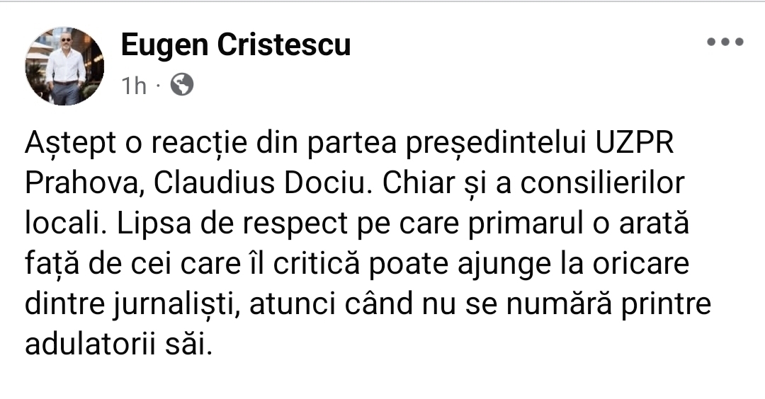 Eugen Cristescu (ADOR România) acuză derapajul grav al primarului Mihai Politeanu și cere reacția Uniunii Ziariștilor