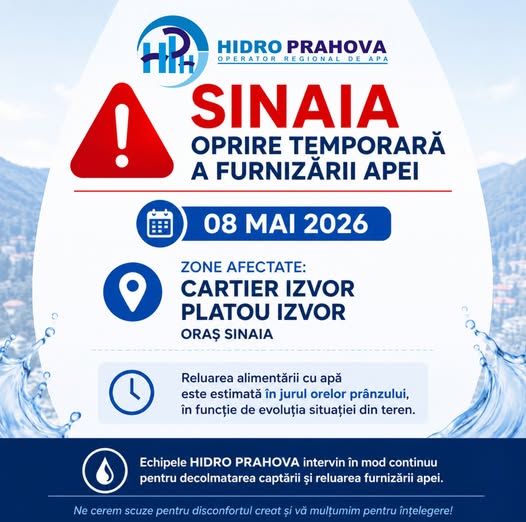 Hidro Prahova: Sinaia – oprire temporară a furnizării apei în cartierele Izvor și Platou Izvor