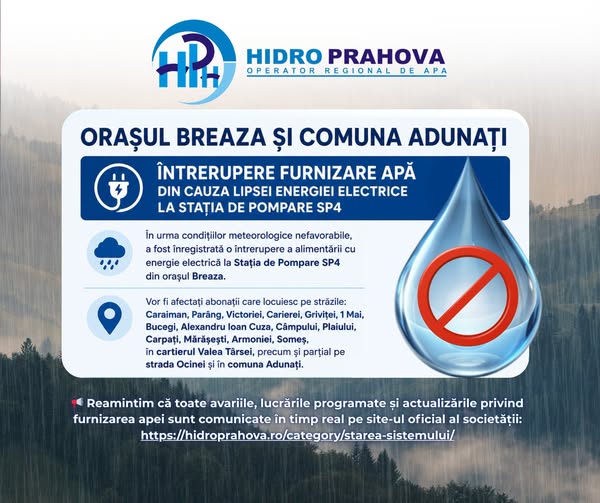 Hidro Prahova:  Breaza și Adunați – întrerupere furnizare apă
