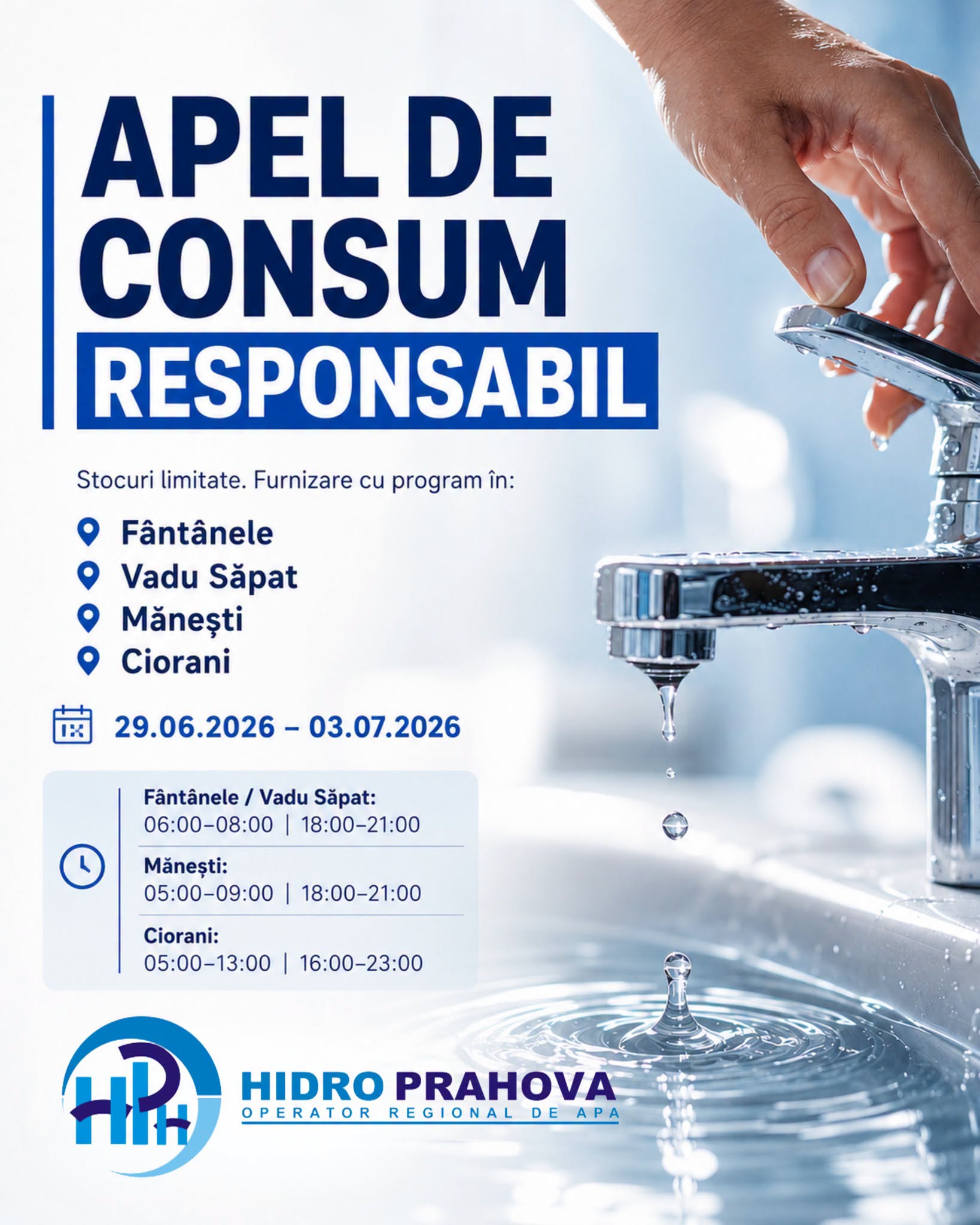 Hidro Prahova: program de furnizare a apei potabile în comunele Fântânele, Vadu Săpat, Mănești și Ciorani